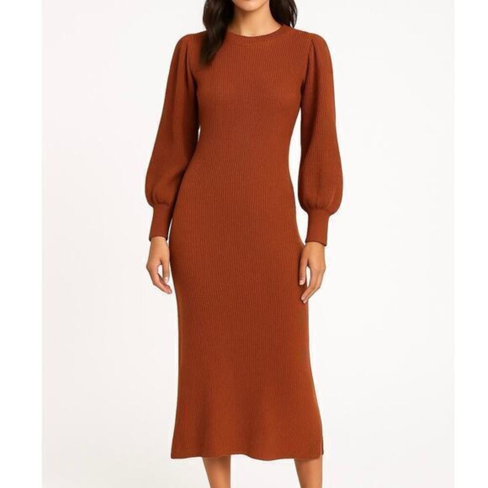 Abercrombie & Fitch Ribbed Knit Puff Sleeve Sweater Midi Brown Dress Medium, MP